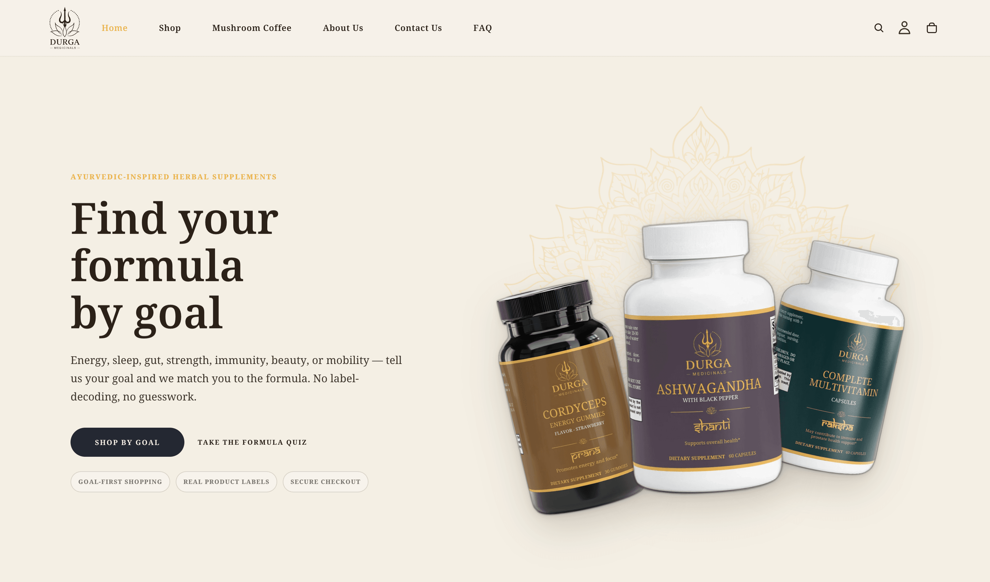 Durga Medicinals storefront — 'Find your formula by goal' with branded supplement bottles