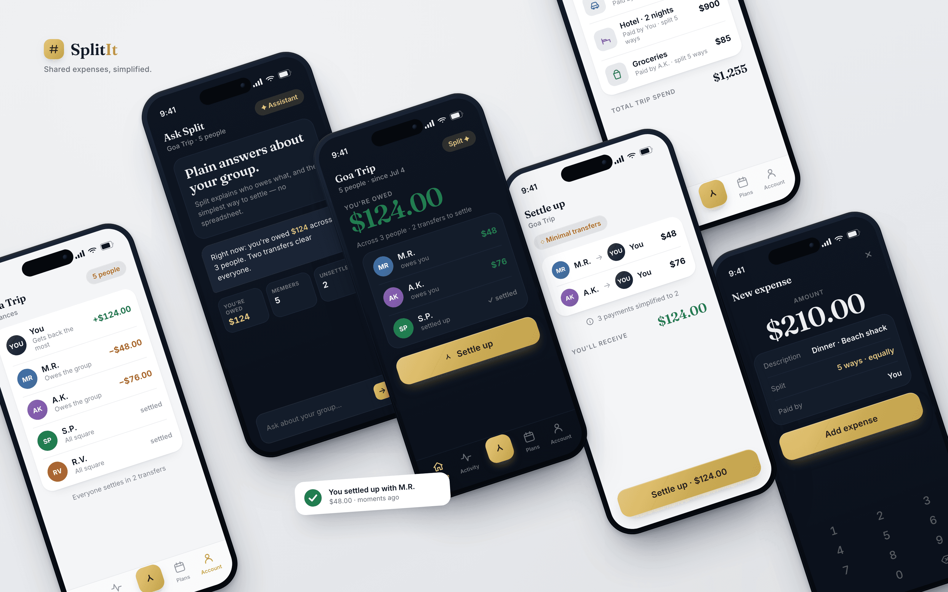 SplitIt app — angled montage of the group balance, settle-up, add-expense, and 'Ask Split' screens